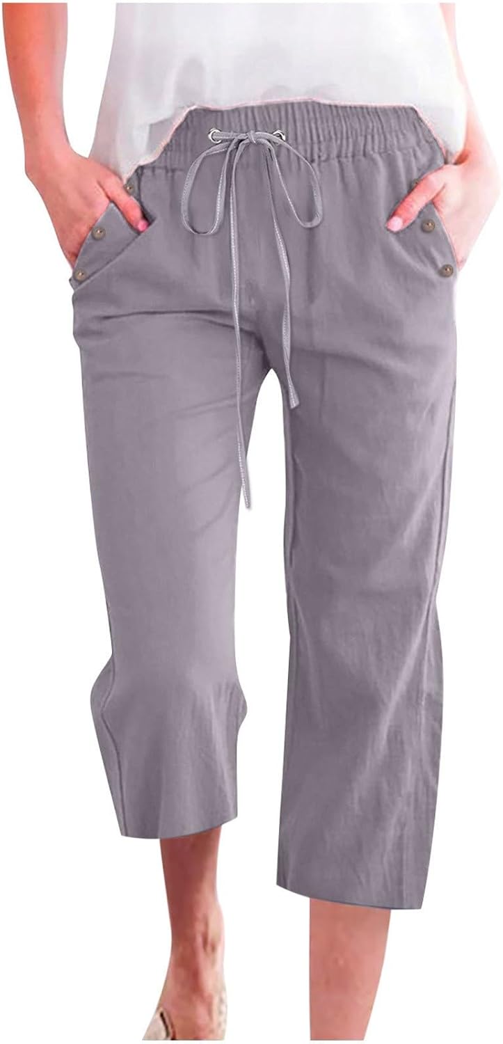 Nantdog Capri Pants for Women Casual 2025 Summer Drawstring Elastic High Waist Linen Pant Straight Wide Leg Cropped Trouser