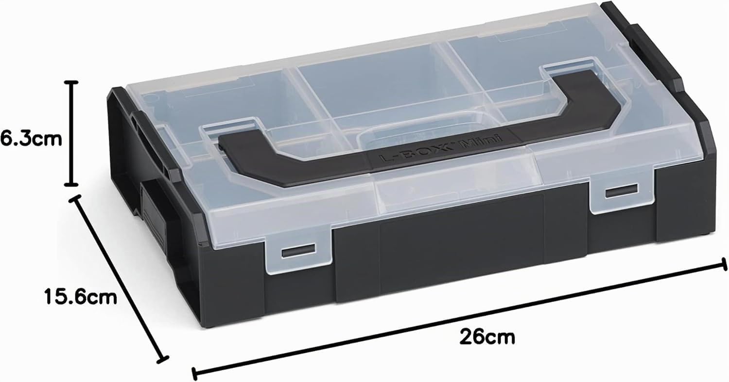 Bosch Sortimo - L-BOXX Mini - Lot de 6 boîtes de rangement noires avec couvercle transparent - Boîte de rangement vis et chevilles - Boîtes de rangement de qualité supérieure pour petites pièces