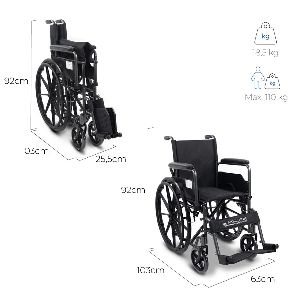 Mobiclinic, Silla de ruedas plegable, S220, Extracción rápida pulsando un botón, Premium, Asiento 46cm, Reposapiés y reposabrazos abatibles, Palanca freno, Resistente, Color negro