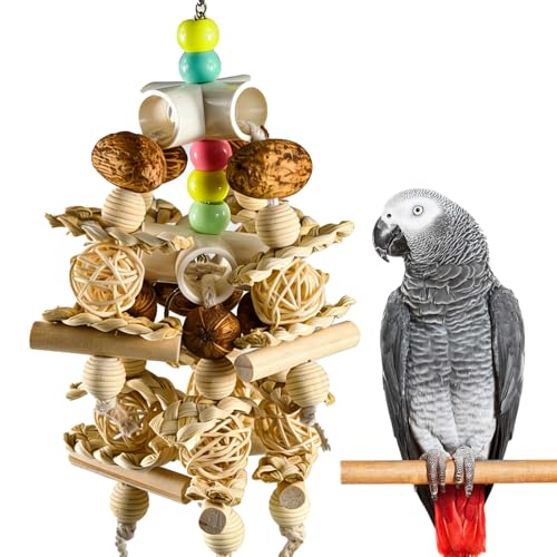 Kewkont Natural Wooden Parrot Toy - Safe Bird Chewing Toy for Parakeets, Cockatiels, Conures, and Small to Medium Parrots
