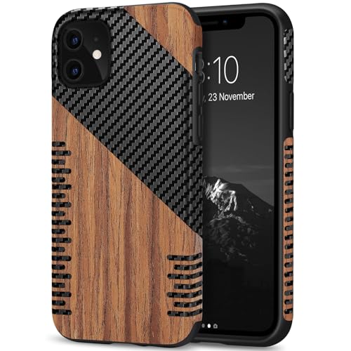 TENDLIN Compatible with iPhone 11 Case Wood Grain with Carbon Fiber Texture Design Leather Hybrid Slim Case (Twill)