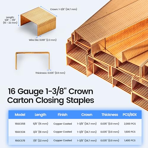 Image of meite Carton Closing Staples 1-3 /8 inch Wide Crown 7 /8 inch Leg 1,400PCS | Copper-Coated 16 Gauge Carton Staples for Pneumatic or Manual Box Stapler Gun - Cardboard Closer Packaging