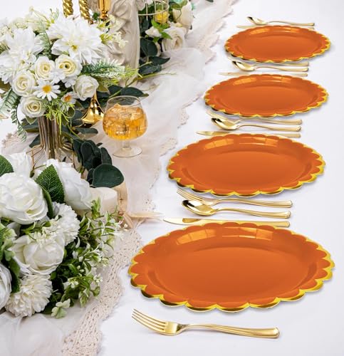 Image of HEIPINIUYE 50 Pieces Orange Paper Plates with Gold Foil 7 Inch Disposable Orange Scalloped Dinner Plates for Wedding Baby Shower Birthday Thanksgiving Party Dessert Plate