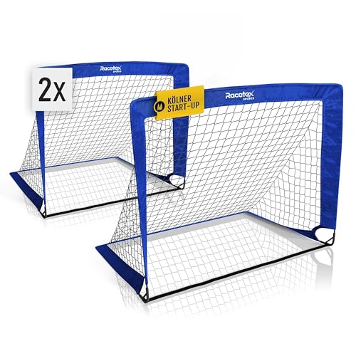 Racetex 2er Fußballtor Kinder Set - Fußball Tore inkl. nützlicher Tasche zum Transportieren - Version mit verstärkten Glasfaserstangen - Fussballtore für den Garten oder Park (Blau)