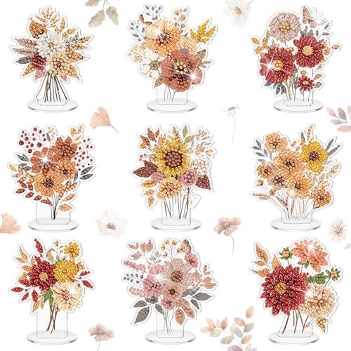 Kosiz 9 Pcs Fall Diamond Painting Tabletop Decorations Fall Wildflower Diamond Art Kits for Adults Double Sided Acrylic Flower Centerpiece for Tables DIY Crafts Party Decor Thanksgiving Gifts