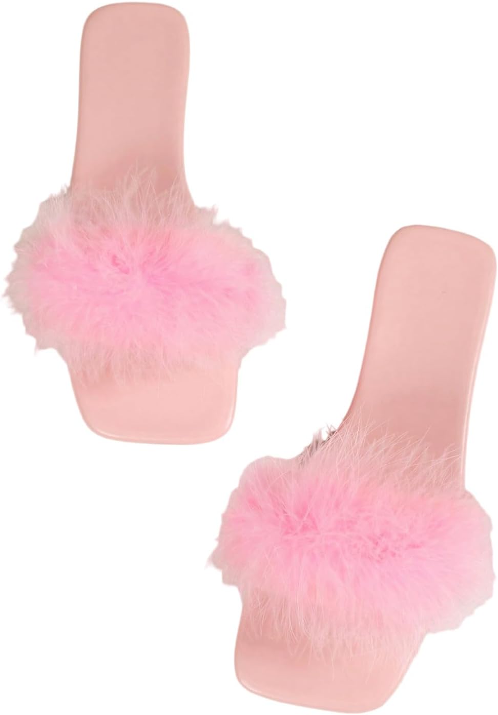 BEAUDRM Women's Sexy Flat Sandals Fuzzy Feather Dressy Flat Sandals Slip On Square Slipper Open Toe Fuzzy Slides Slippers