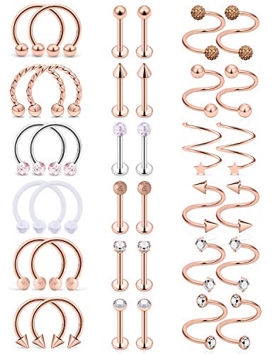 SCERRING Tragus Earrings 16g Stainless Steel Horseshoe Lip Rings Nail Tragus Helix Rook Cartilage Earrings Studs Ring Medusa Piercing Jewelry 8mm 36PCS Rose Gold
