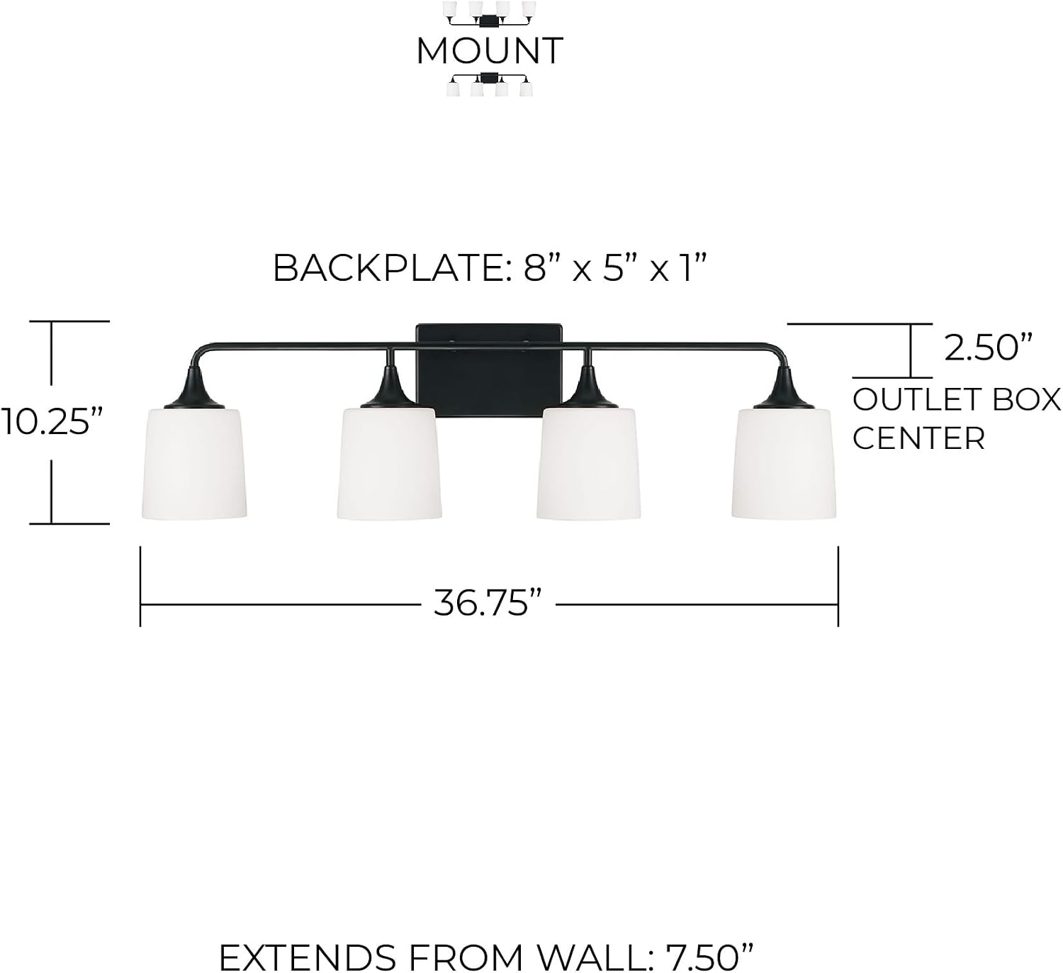 HomePlace Lighting 148941MB-541 Presley Transitional Rustic Soft White Glass Cone Vanity Light for Bathroom, 4-Light 400 Total Watts, 10" H x 37" W, Black