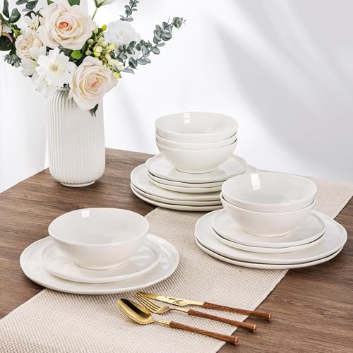 Image of LERATIO Ceramic Dinnerware Sets for 8,Porcelain Plates and Bowls Sets with Wavy Edge, Oven &Microwave & Dishwasher &Safe,Light Weight & Scratch Resistant Dishes Sets-Service for 8 (24pcs) Peal White