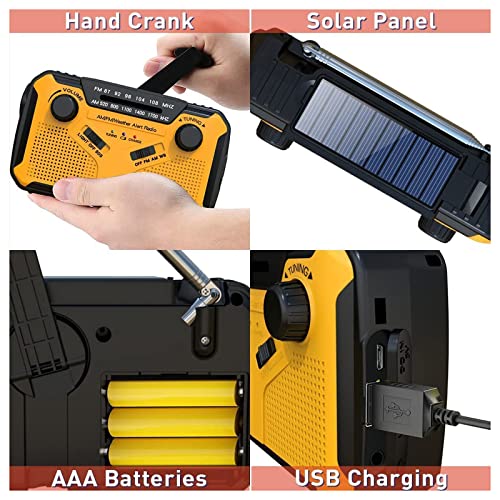 Radio Portable FM/AM(MW)/ WBA,Manivelle/Pile et Secteur/Solar Poste Radio Transistor,Météo Radio Appareil d'urgence avec LED Lampe de Poche et Chargeur de Téléphone,Excellente Réception/Haut-Parleur