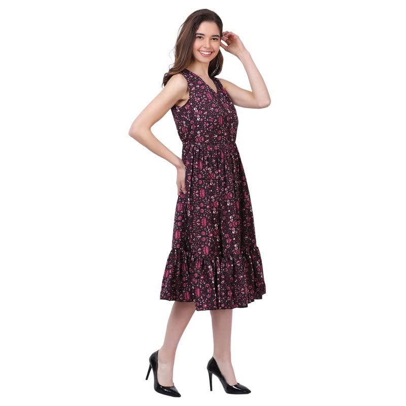 Image of Women's Crepe A-Line Knee Length Dress | Western Sleeveless Dress for Girls | Flared Frock | Frill Midi | Knee Gown