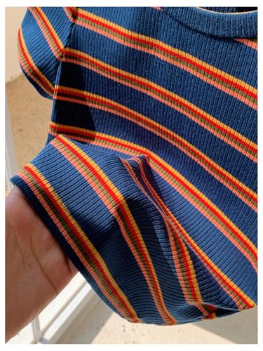 Girl's Striped Short Sleeve T-Shirts Crew Neck Ribbed Crop Tees Summer Tops4