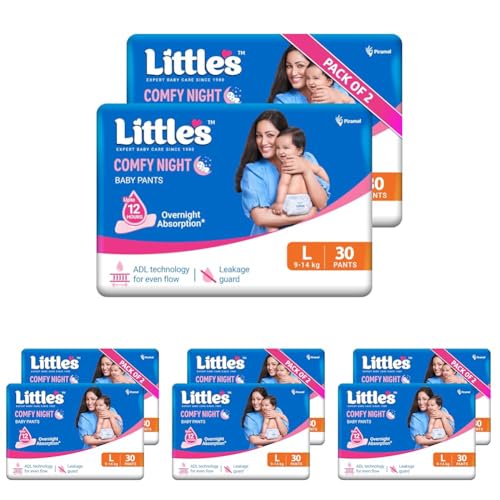 Image of Little's Baby Diapers L Size (Large) Pants Style | 9-14 kg | 60 Count | Comfy Nights Baby Diaper Pants with Leakage Guard & Upto 12 Hours Absorption (30 Count, Pack of 8)