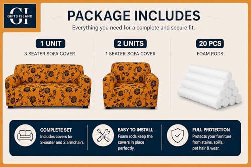 Image of Gifts Island Sofa Cover 3 Seater and 2 Seater Fully Covered Universal 5 Seater Sofa Cover Non-Slip Sticky Elastic Stretchable Sofa Set Slipcover Protector for (3+1+1 Seater) (Gold Black Floral)