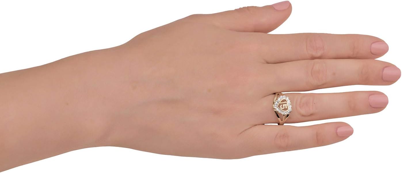AVORA 10K Yellow Gold Simulated Diamond CZ Quinceanera 15" Anos Heart Fashion Ring