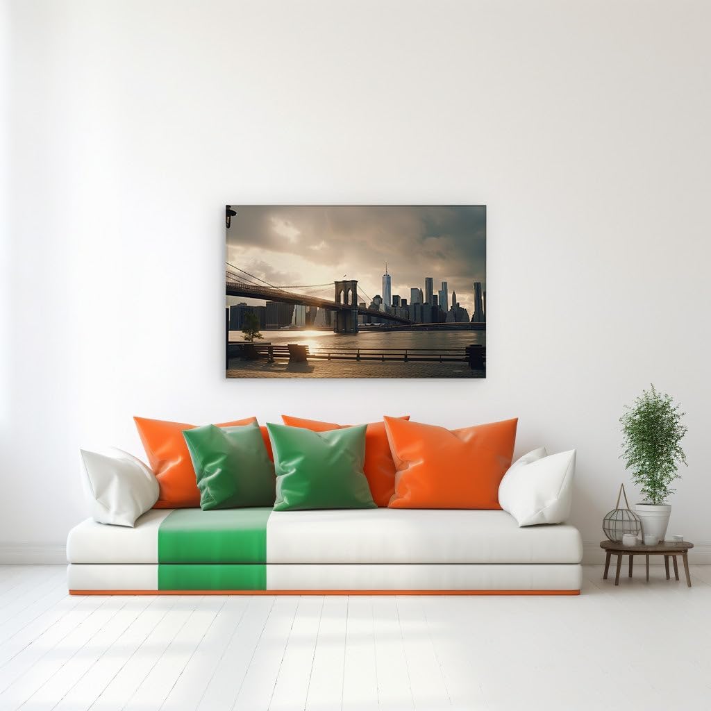 Canvas for Living room. Golden Hues Meet Urban Views - The Brooklyn Bridge and Manhattan's Silhouette Against the Overcast Sky, 27 x 18 inch Canvas Wall Art - Ready to Hang