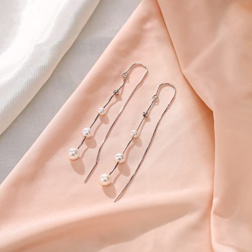 Crysdue 925 Sterling Silver Simulated Pearl Threader Dangle Earring Birthday/Anniversary Mother’s Day Jewelry Gifts For Women Girls #TOP3
