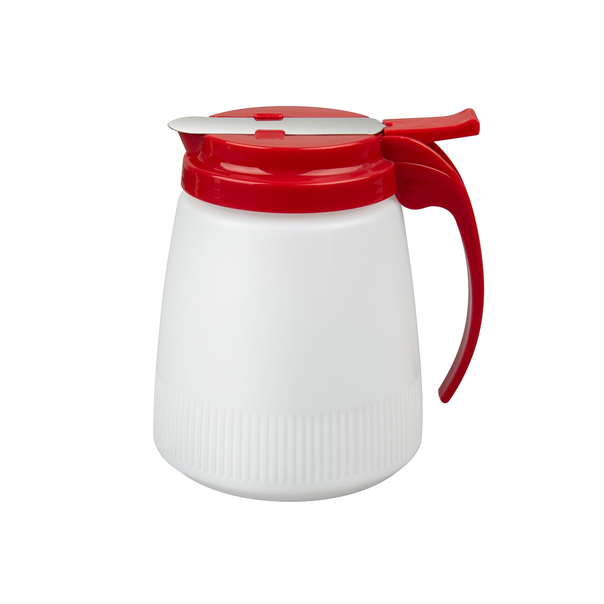 Restaurantware RW Base - Dispensador de jarabe multiusos de 32 onzas, 1 dispensador de miel, parte superior roja, cubierta deslizante de acero inoxidable, dispensador de jarabe de panqueques de