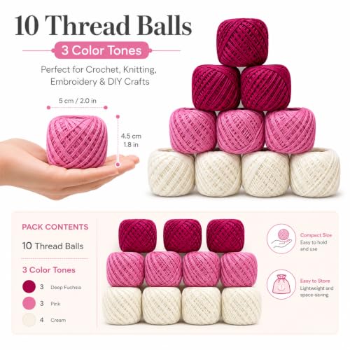 Image of Crochet Cotton Thread Yarn Combo, 10 Rolls for Knitting, Crochet, Embroidery and Craft Making, Soft Decorative Thread for Handmade DIY Projects Maroon Light Pink Cream