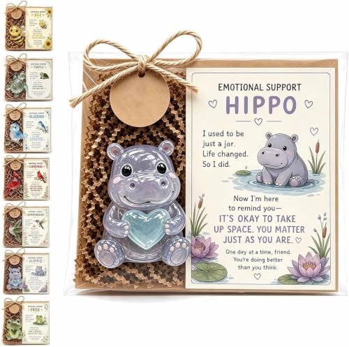 Pocket‑Sized Recycled Glass Emotional‑Support Animal Ornament, Lovely Desk Decor with an Encouragement Card | Guardian Healing Set, Thoughtful Gift for Friends and Family, Hippo