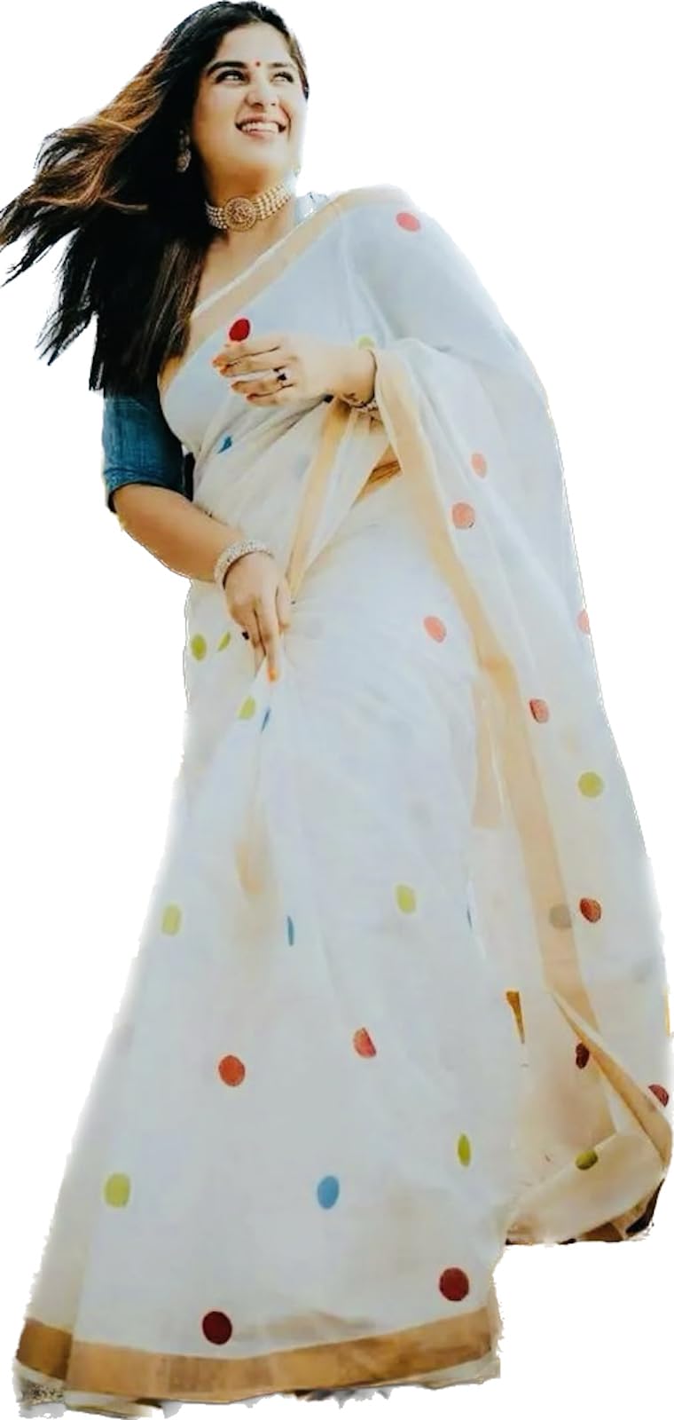 GenericWomen's Printed Polka Dots Kerala Kasavu Saree Traditional Tissue/Cotton Silk with Running Blouse Piece