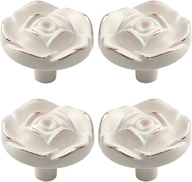 Rose Flower Dresser Knobs, [4 Pack] Vintage Zinc Alloy Rose Cabinet Pulls and Knobs, Decorative Antique Pull knobs for Kitchen, Cupboard, Cabinets and Drawers White, 4 Pieces