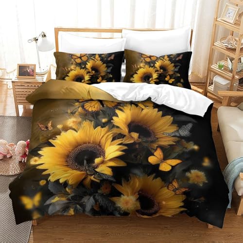 QUIRJIA Literie Sunflowers-Butterflies-Romantic, Parure De Lit pour Adolescents Dessin Animé Microfibre Impression 3D Housse De Couette Et Taie d'oreiller...