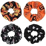 4pcs Halloween Hair Scrunchies Elastics Hair Ties Pumpkin Ghost Skeleton Spider Web Bats Hair Accessories for Women Ponytail Holder Hair Band Ropes