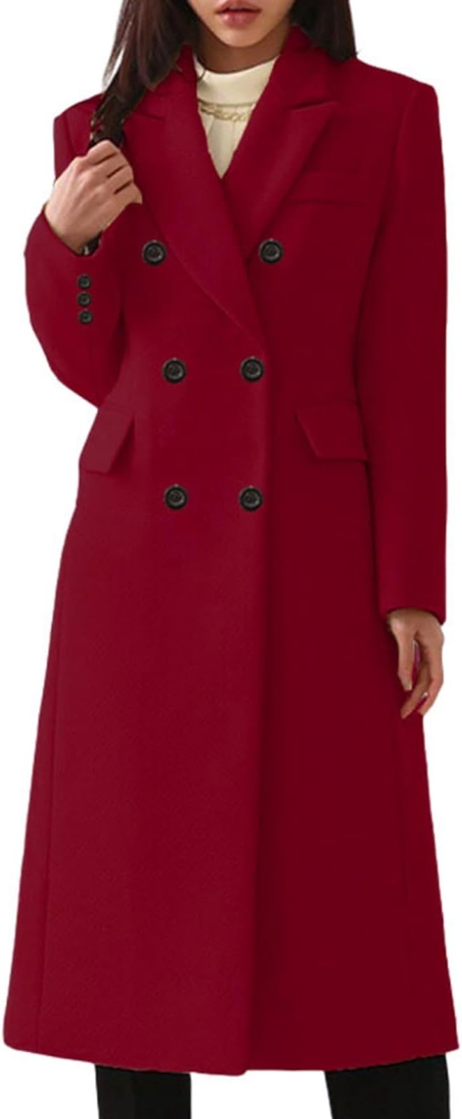 Generisch Casual Long Double Breasted Solid Wool Coat with Pockets Wool Coat
