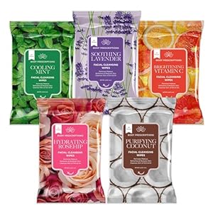 Body Prescriptions Makeup Remover Wipes Bulk, 5 Pack, 150 Facial Cleansing Cloths Removes Makeup, Mascara, Dirt and Oil (Mint, Rosehip, Vitamin C, Lavender and Coconut)