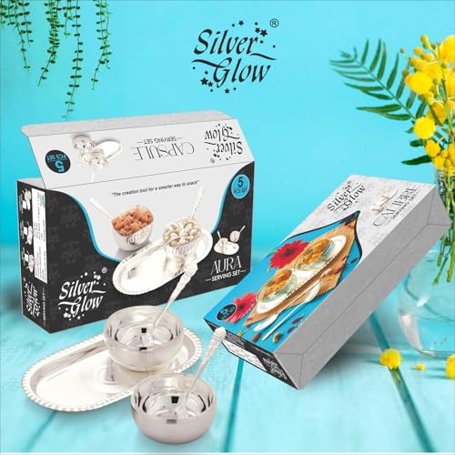 Image of Silverglow Aura Serving Set | Silver Plated Bowl Set of 5 | Dry Fruits, Snacks containers | Serving Tray Bowl Set | Tableware Set | Perfect Diwali, Office, Wedding Return Gift