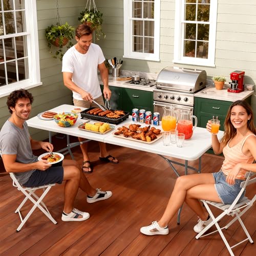 Image of FDW 6 FT Folding Table, Portable Plastic Table with Carrying Handle Perfect for Indoor, Outdoor, Party, Dining, Wedding, Events, Camping, White