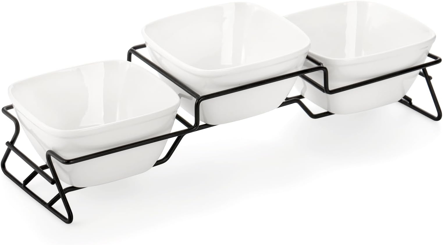 ZENFUN 10 oz Square Bowl Chip & Dip Serving Set, Pocelain Ramekin Bowls with Metal Rack Stand, White Small Serving Dishes, Condiment Serving Tray for Entertaining, Party, Buffets, Christmas