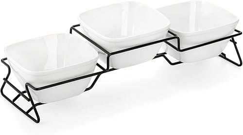 ZENFUN Juego de tazón cuadrado de 10 onzas, cuencos de ramekin de Pocelain con soporte de estante de metal, platos pequeños blancos, bandeja para