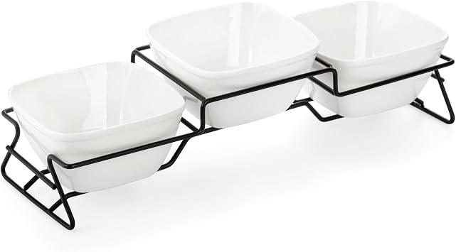 ZENFUN 10 oz Square Bowl Chip & Dip Serving Set, Pocelain Ramekin Bowls with Metal Rack Stand, White Small Serving Dishes, Condiment Serving Tray for Entertaining, Party, Buffets, Christmas