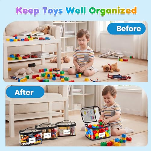 6 Packs Large Toy Storage Bags, Reusable Clear PVC with Labels Waterproof Zipper Organizer for Board Games, Building Blocks,Puzzles,Kids Books,Travel (Black-6Pack) — view 6