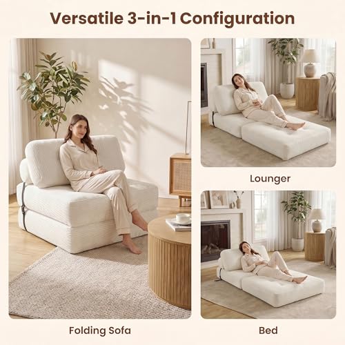 Image of COSTWAY Folding Sofa Bed with Pillow, Convertible Couch (Beige)