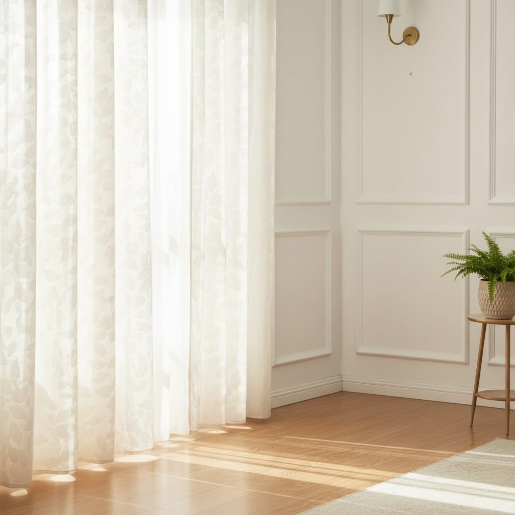 Atout Ciel Net Curtain Leaf Design with Eyelets 140 x 240 cm Ready to Hang Beige