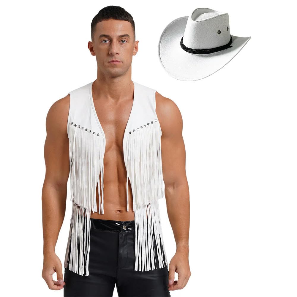 ZBDP Herrenweste Cowboy, Vintage-Stil, Kunstwildleder, Quasten, offene Vorderseite, Nieten, Fransen, Weste, Jacke, Festival, Rave, Party, Clubwear