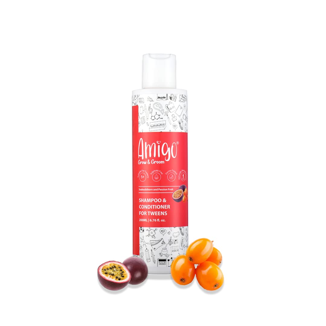 Amigo 2 in 1 No Tear Shampoo & Conditioner for 5-12 Yrs. Tweens | Tear-free for all hair types | Passion fruit & Seabuckthorn Extracts | Derma Tested | 100% naturally derived extracts 200 ML