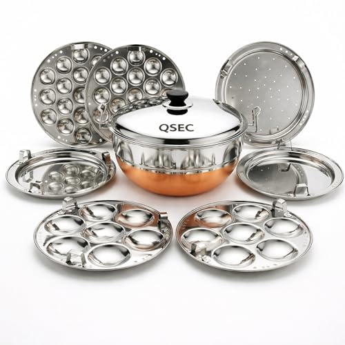 QSEC Stainless Steel Idly Cooker Multi Kadai Idli And Dhokla Steamer & Idli Cooker With 7 Plates|Mini Idli Stand|2 Mini Idli Plate|2 Idli|2 Dhokla|1 Momos|Multi Utility Kadai Cookware Set,5 Litre