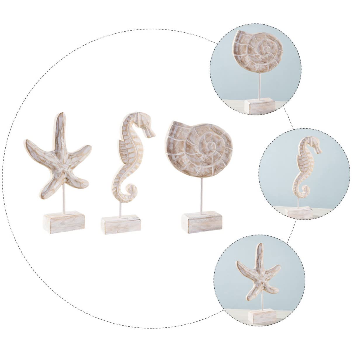 PRETYZOOM Decoración Náutica Mediterránea de Madera, 3 Piezas Figura de Mar, Caballito de Mar y Caracola para Mesa y Dormitorio