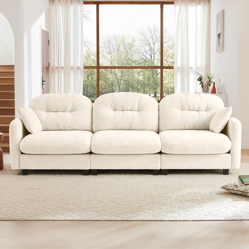 Image of KEIKI 107 inch Oversized Chenille Modular Sectional Sofa with High-Density Foam Cushion and Tufted Pleated Cushion Backrest, Upholstered Modern 3-Seater Cloud Couch with 2 Pillow, for Living Room, Beige