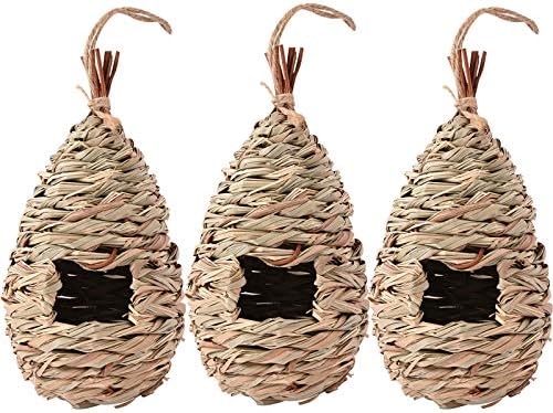 Humming Bird Houses for Outdoor Hanging, Natural Grass Hanging Bird housenest, Hand Woven Hummingbird Nest, Large Wren Finch Bird House for Garden Window Outdoor Home, 3 Pack