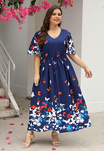 Image of Nemidor Womens Plus Size Maxi Dress Summer Boho Sundress Floral Print Flared Casual Long Dresses with Pocket