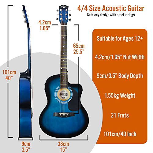 Image of 3rd Avenue Full Size 4 /4 Cutaway Acoustic Guitar Pack Bundle for Beginners - Bag, Strap, Picks and Spare Strings - Blue
