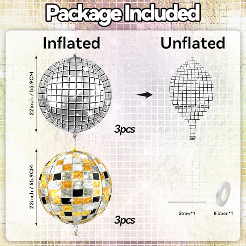 Image of 6pcs 22 Inch Multicolor Disco Ball Balloons, Silver Big Disco Balloons, Black Silver Gold 4d Large Foil Aluminum Balloon For Birthday Baby Shower 70s 80s 90s Theme Party Wedding Engagement Graduation