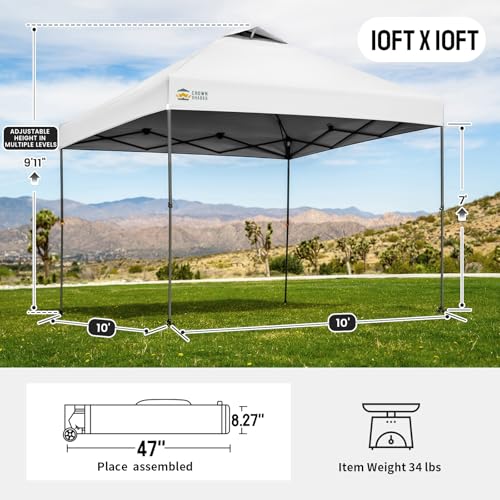 Image of CROWN SHADES Adjustable Height on The Fly, 10x10 Pop Up Canopy - Beach Tent with One Push Setup - Easy Outdoor Sun Shade for Events, Parties, Camping - Outside Shade with STO-N-Go Bag, White