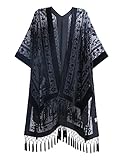 BohemyanRace Women's Coverups Burnout Velvet Cardigan Casual Outfit Long Cover Up Kimono with Tassel Solid Black