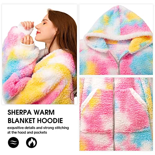 Greenoak Wearable Blanket Hoodie, Oversized Fleece Hoodie Blanket Sweatshirt For Women Men Adults, Giant Huge Cozy Sherpa Hooded Blanket With Sleeves, One Size Fits All, Pink Tie Dye #TOP4